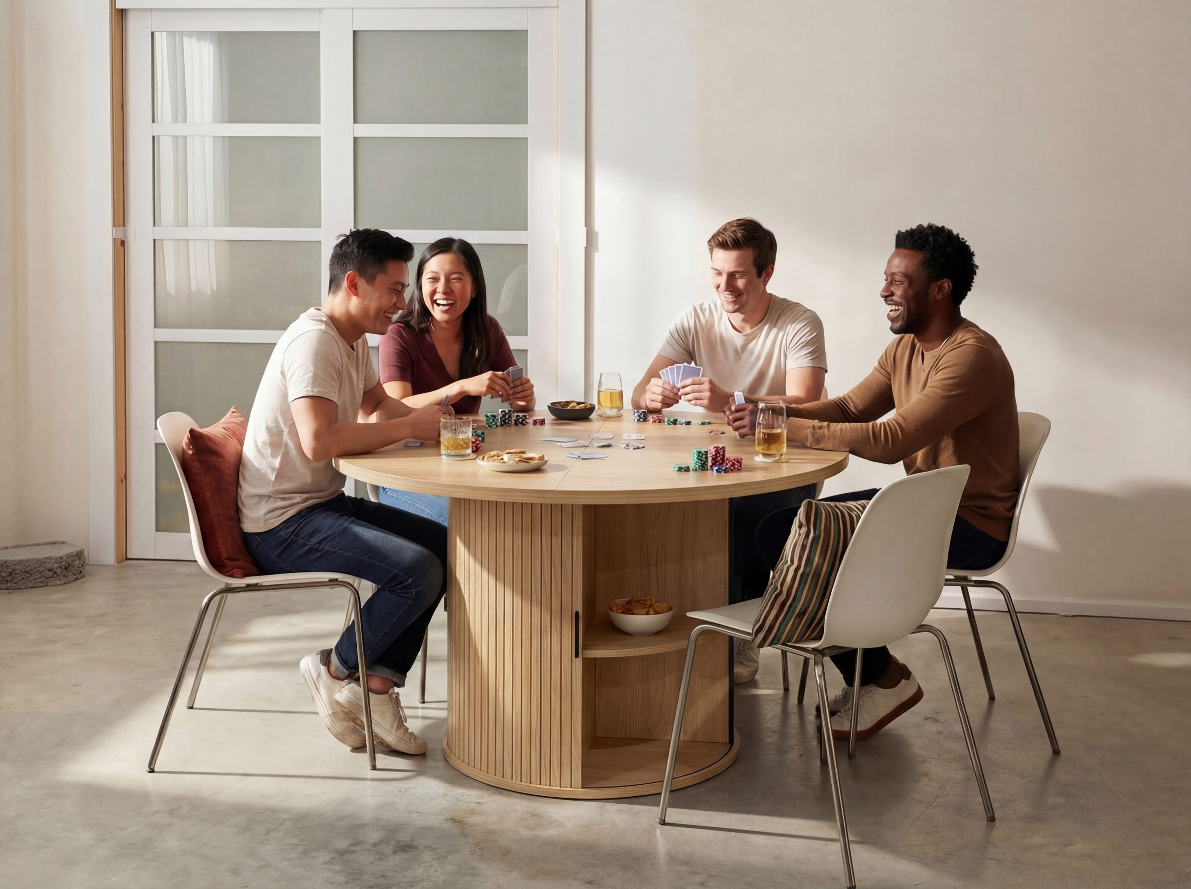 Friends playing cards at the round game table