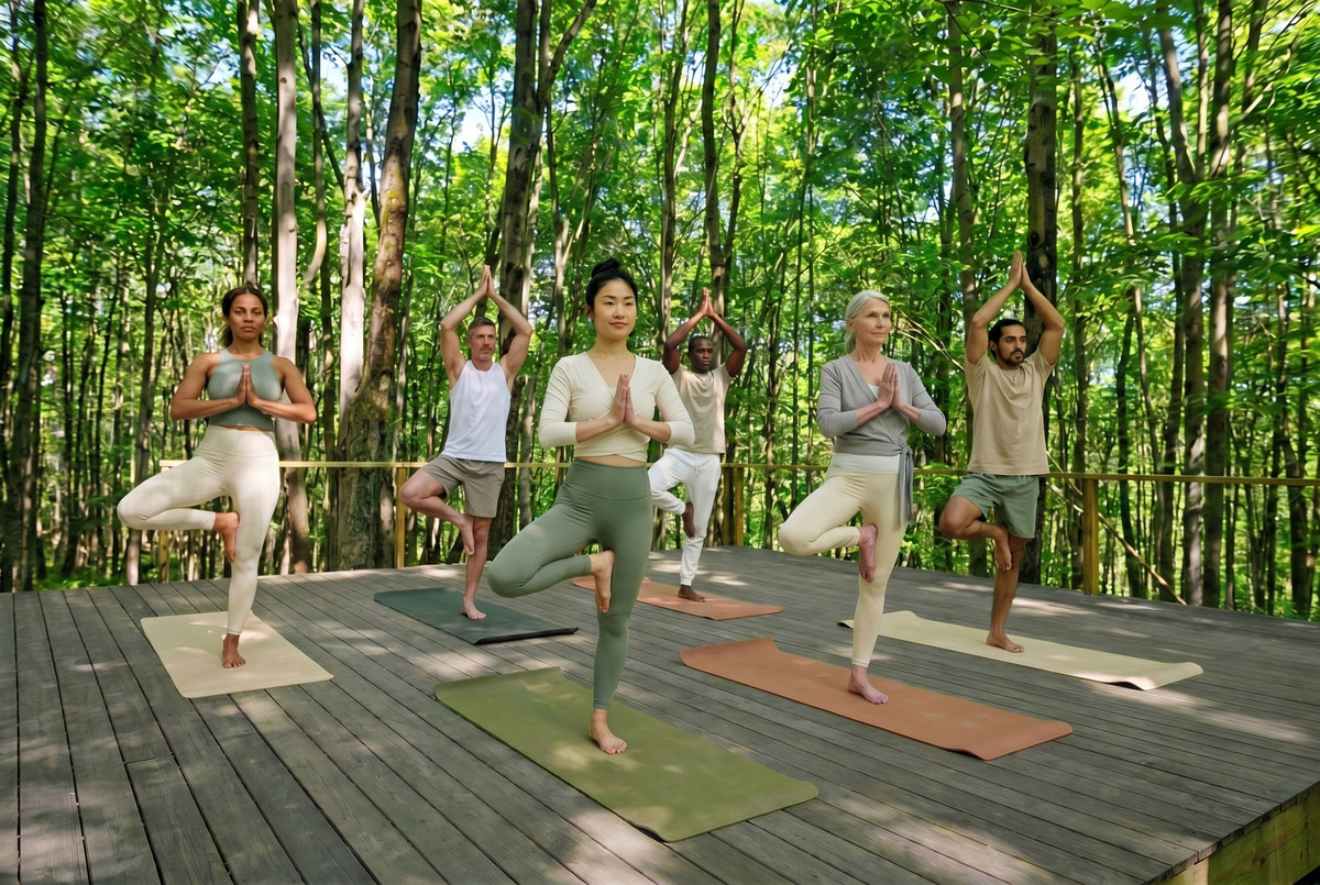 Illustration: a small group holding tree pose on yoga mats on the deck